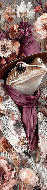 Free printable frog bookmark featuring floral frog with mauve scarf